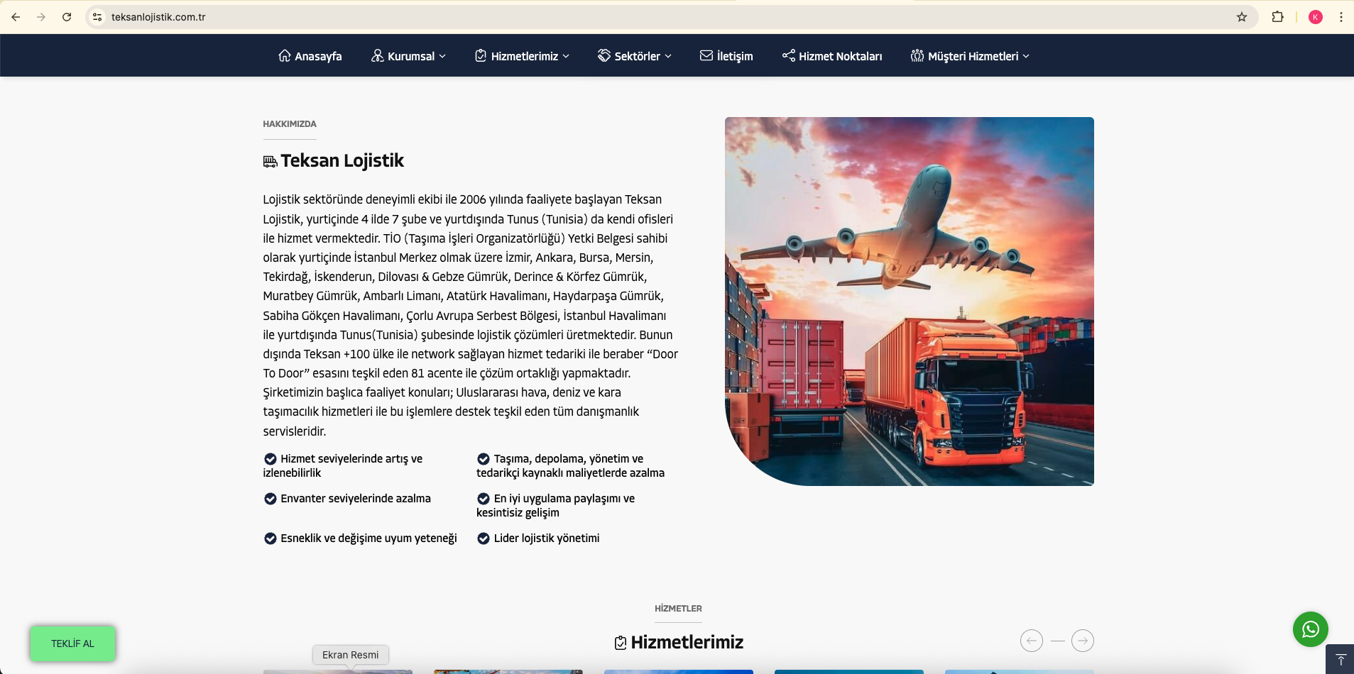 Teksan Lojistik ana sayfa — hizmet ve global yapı