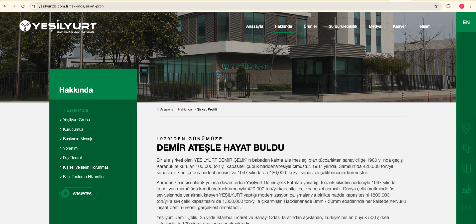 Yeşilyurt Demir Çelik ana sayfa — üretim ve ürün yapısı