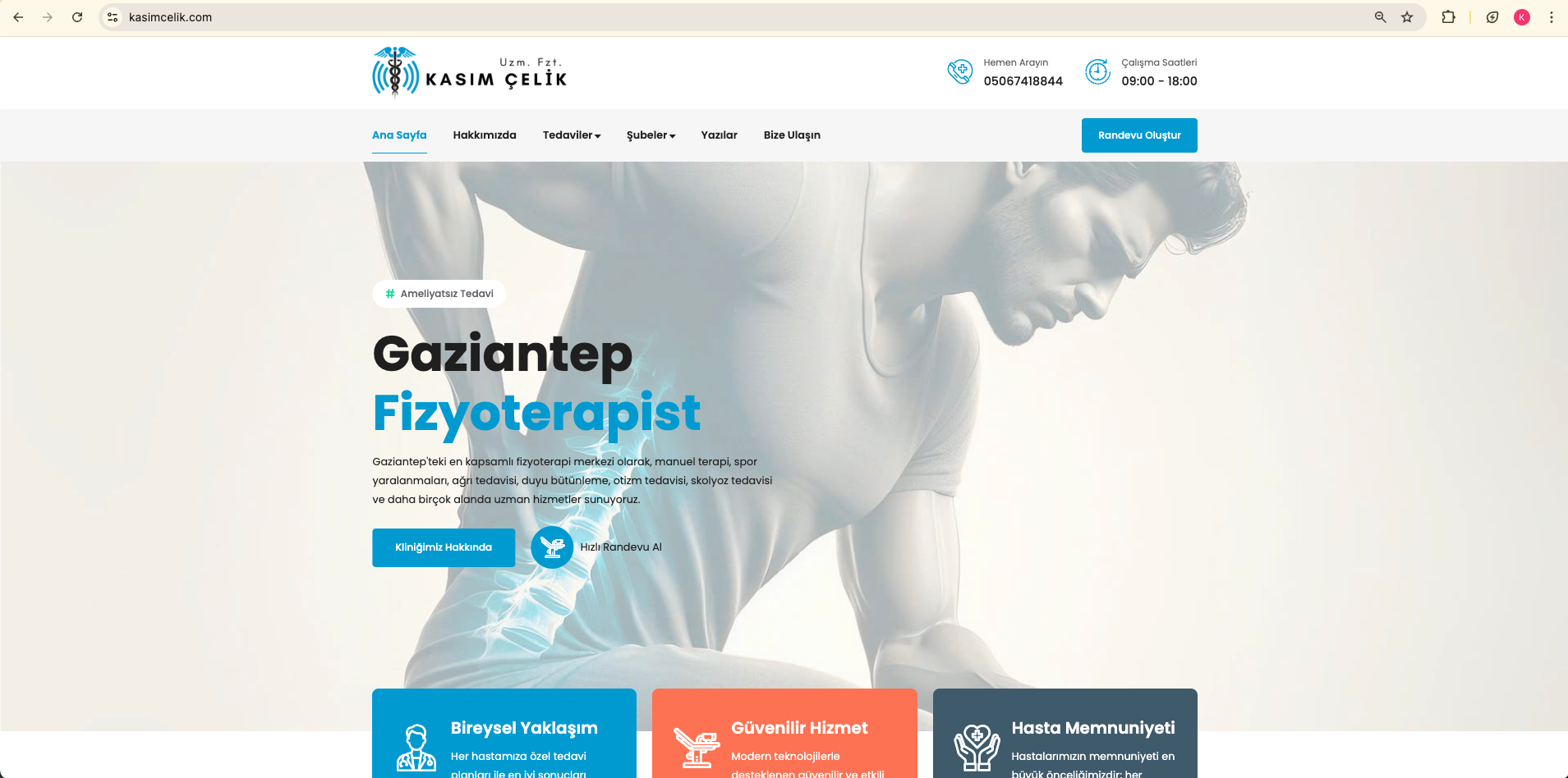 Kasım Çelik Fizyoterapi — masaüstü web arayüzü